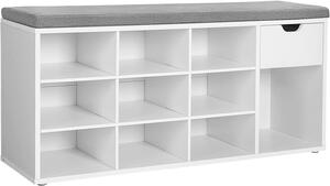 Cipős szekrény paddal, szürke ülőkével és fiókkal WESO WHITE 104x30x48 cm, fehér