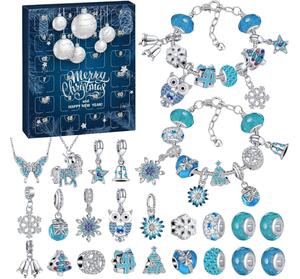 Adventi naptár BLUE DIAMONDS karkötőkkel, láncokkal és medálokkal, kék/ezüst
