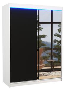 JORDAN tolóajtós ruhásszekrény tükörrel, 150x200x58, fehér/fekete + LED