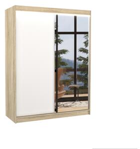JORDAN tolóajtós ruhásszekrény tükörrel, 150x200x58, sonoma/fehér + LED