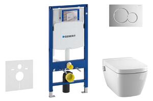 Geberit Duofix - Modul a fali WC-hez nyomógombbal Sigma01, fényes króm + Tece One - zuhanyzós WC és ülőkéje, perem nélküli, SoftClose 111.300.00.5 NT2