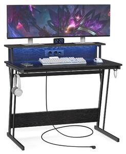 Íróasztal beépített elosztóval, számítógép asztal LED világítással, fekete