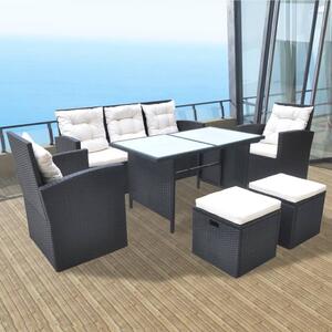 VidaXL 6-részes fekete polyrattan kültéri étkezőszett párnákkal
