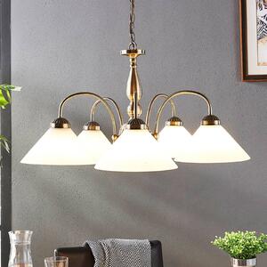 Lindby függőlámpa Otis, Ø 68 cm, 5 lámpás, fehér, üveg, E27, dimmelhető, Bronz / antik sárgaréz, Konyha, Üveg, Antik
