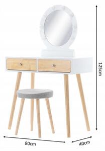 Fehér fa fésülködőasztal LED-es tükörrel és zsámollyal