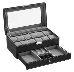 SONGMICS 2 szintes óratartó doboz, 12 férőhely, ékszerfiókkal, zárható, fekete