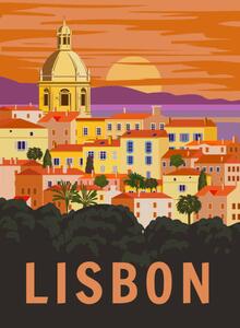 Illusztráció Lisbon VintageTravel Poster. Portugal cityscape landmark,, VectorUp