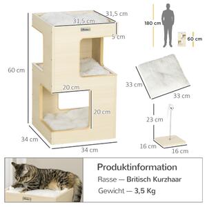 Macskabútor, 3 szintes macskaház párnával, egérjátékkal, beltéri, tölgyfa 34 x 34 x 60 cm