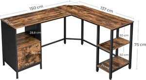 Sarok íróasztal / számítógépasztal tároló rendszerrel - Vasagle Loft - 150 x 137 cm