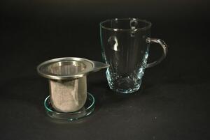 Hőálló üveg teás bögre fém szűrővel + üvegtetővel 400 ml
