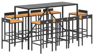 VidaXL 11 részes fekete polyrattan és tömör akácfa kerti bárszett