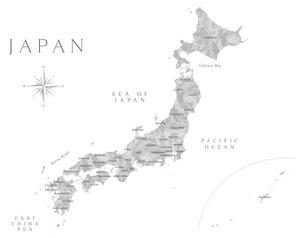 Térkép Map of Japan in gray watercolor, Blursbyai