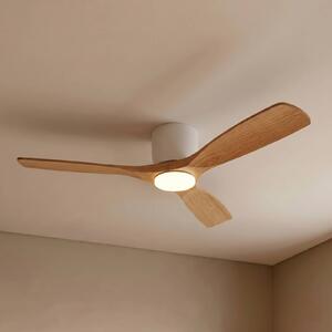 Lucande Smart LED mennyezeti ventilátor Moneno, fehér/fa, Tuya, dimmelhető, Világos fa, Nappali / Étkező, fém, Modern