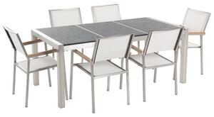 Hatszemélyes fekete égetett gránit étkezőasztal fehér textilén székekkel GROSSETO