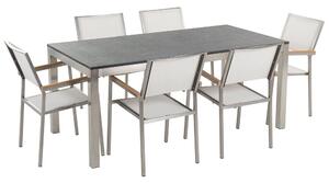 Hatszemélyes fekete gránit étkezőasztal fehér textilén székekkel GROSSETO