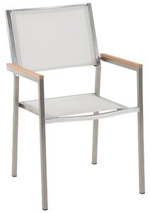 Hatszemélyes étkezőasztal üveglappal és fehér textilén székekkel GROSSETO