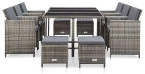11 részes szürke polyrattan kültéri étkezőszett párnákkal