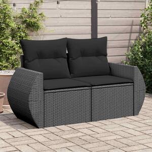 Kétszemélyes fekete polyrattan kerti kanapé párnákkal