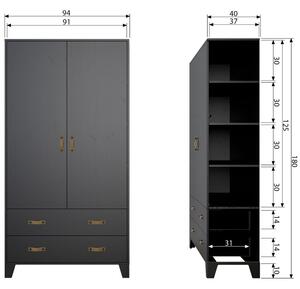 Hoorns Fekete tömör fenyő szekrény Rea 180 x 94 cm