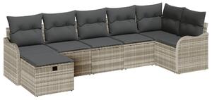 7 részes kerti kanapé szett párnákkal világosszürkében poli rattan, 2 fős kerti kanapé párnákkal világosszürkében poli rattan