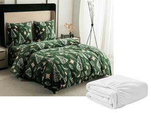 Mikroplüss ágyneműhuzat szett GREEN CHRISTMAS zöld + mikroplüss lepedő SOFT 90x200 cm fehér, egyszemélyes