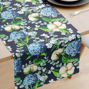 Goldea pamut asztali futó - kék színű hortenzia virágok 50x160 cm