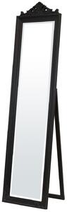Klasszikus stílusú élcsiszolt álló tükör díszesen megmunkált fekete fa keretben 176x45x5,5-48cm