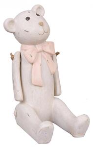 Nosztalgikus ülő maci dekorfigura, fehér rózsaszín masnival