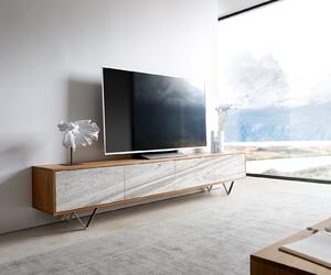 DELIFE TV szekrény Kleo 220 cm akác természetes 4 ajtós V alakú láb rozsdamentes acél