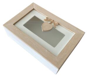 Fa ékszertartó doboz üvegezett fedéllel, szív mintával 24x16x7cm