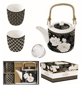 Porcelán teáskanna 600ml, fémszűrővel, 2 porcelánpohárral 160ml, dobozban, Art Deco & Flowers, Atmosphere