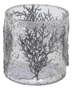 Ezüstös üveg gyertyatartó ágakkal, 15x15x14,5cm
