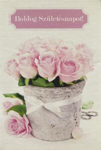 Boldog születésnapot! kinyitható rózsás kaspó ajándékkísérő kártya, 5x7,5cm