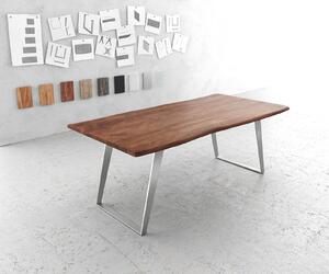 DELIFE Étkezőasztal Edge 200x100 cm akác barna rozsdamentes acél ezüst ferde Live-Edge