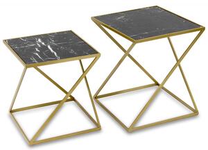 Design fém 2db-os asztal szett, márvány hatású kő asztallap 52,5x45x45 / 44,5x40x40cm