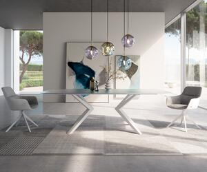 DELIFE Étkezőasztal Edge hajóformájú 240x120 domborított üveg gyöngyház 3D design Zenthara szögletes fém fehér