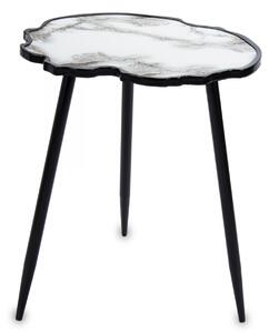 Fekete design fém háromlábú asztalka, márvány hatású aszimmetrikus kő asztallap 61,5x50x38cm