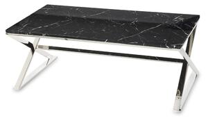 Design ezüst fém dohányzóasztal, márvány hatású asztallap 45x120x60cm