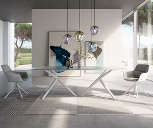 DELIFE Étkezőasztal Edge hajóformájú 240x120 domborított üveg gyöngyház 3D design Estelar kerek fém fehér