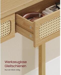 VASAGLE előszobai konzolasztal 100 cm, 2 fiókos boho lerakóasztal rattan mintával, tölgybézs