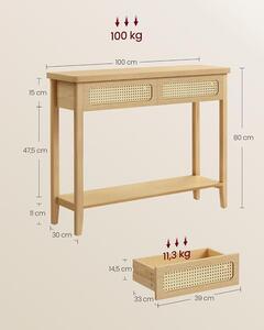VASAGLE előszobai konzolasztal 100 cm, 2 fiókos boho lerakóasztal rattan mintával, tölgybézs