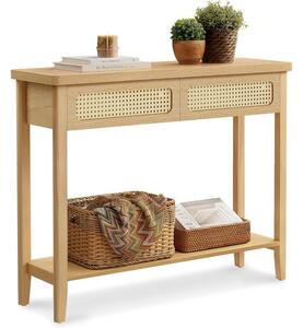 VASAGLE előszobai konzolasztal 100 cm, 2 fiókos boho lerakóasztal rattan mintával, tölgybézs