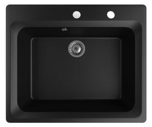 Gránit mosogató NERO Italia + kihúzható Shower csaptelep + dugóemelő (matt fekete)