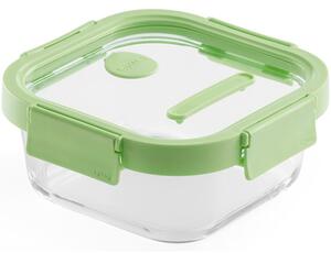Lékué Glass Container Square hőálló üveg ételtároló doboz szivárgásmentes és gőzszelepes üvegfedővel, négyzetes, 800ml, dátumjelölő, halmozható, áttetsző/zöld - 884009