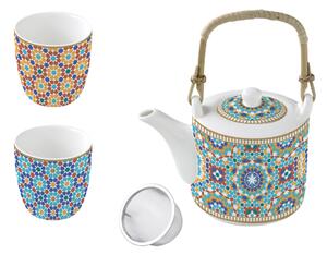Porcelán teáskanna 600ml, fémszűrővel, 2 porcelánpohárral 160ml, dobozban, Marrakech, Atmosphere