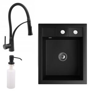 Gránit Mosogató NERO Parma + kihúzható zuhanyfejes Duo-Flex csaptelep + adagoló + szifon (matt fekete)
