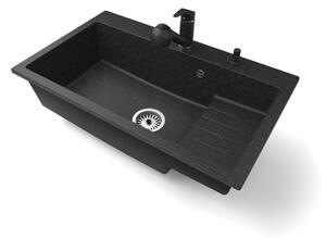 Gránit mosogatótálca NERO Boss + kihúzható Shower csaptelep + dugókiemelő (fekete)