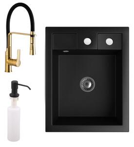 Gránit Mosogató NERO Parma + kiemelhető zuhanyfejes Vegas arany mosogató csaptelep + adagoló + szifon (matt fekete)