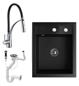 Gránit Mosogató NERO Parma + kihúzható zuhanyfejes króm Duo-Flex csaptelep + dugókiemelő + szifon (matt fekete)
