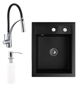 Gránit Mosogató NERO Parma + kihúzható zuhanyfejes króm Duo-Flex csaptelep + króm adagoló + szifon (matt fekete)